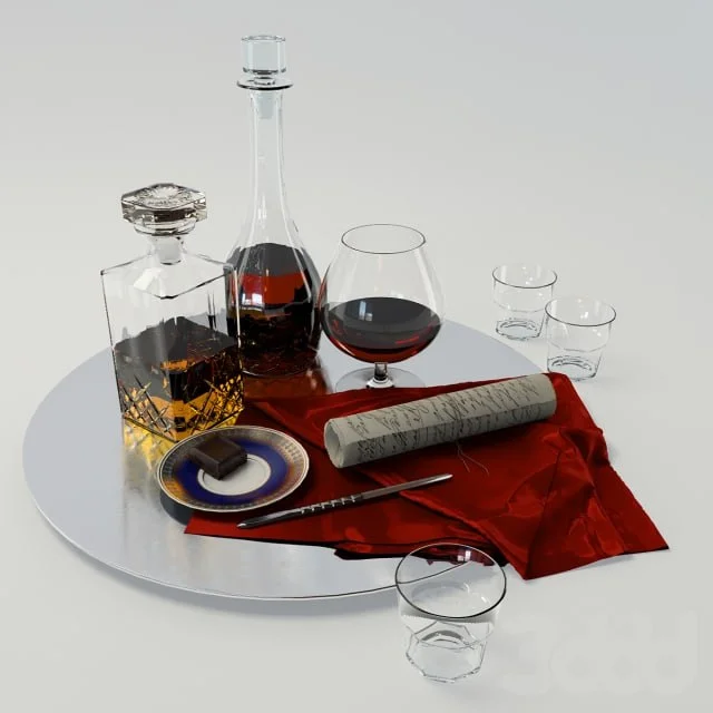 A set with a decanter of whiskey and brandy on a large platter - Set whiskey and cognac decanter on dish